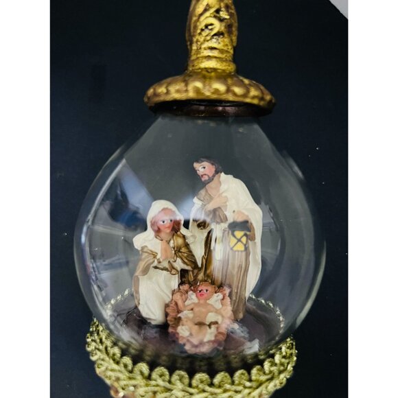 Lg Nativity Scene Diorama Glass Christmas Ornament Gold Holy family Jesus finial - Picture 1 of 5